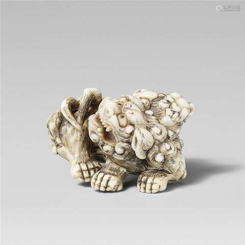 A very fine Kyoto school ivory netsuke of a lively shishi and cub. Early 19th century