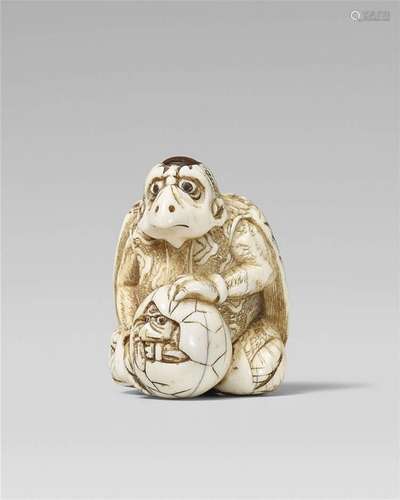 A rare ivory netsuke of a karasu tengu with young. Early 19th century