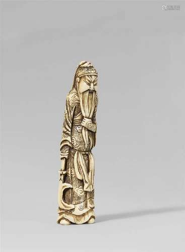 A very tall stag antler netsuke of Kan’u. Early 19th century