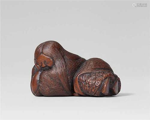 A splendid Nagoya school wood netsuke of a sleeping shôjô, by Hôjitsu. Mid-19th century