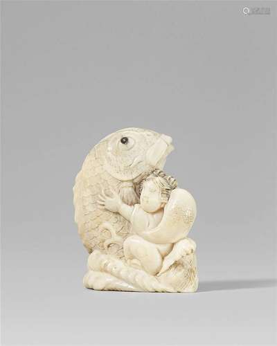 An ivory netsuke of Kintoki and the giant carp, by Kôgyoku. Mid-19th century