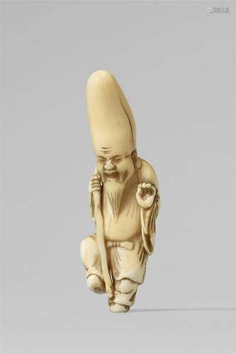 A marine ivory sperm whale tooth netsuke of a happy-go-lucky Fukurokuju. 19th century