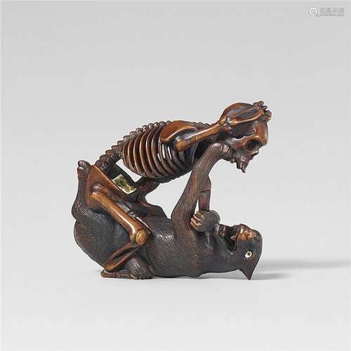 A Hida school boxwood netsuke of a skeleton and a wolf, in the style of Shôko. Late 19th century