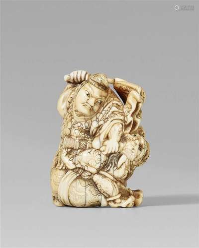 A powerful ivory netsuke of a samurai and an oni. First half 19th century