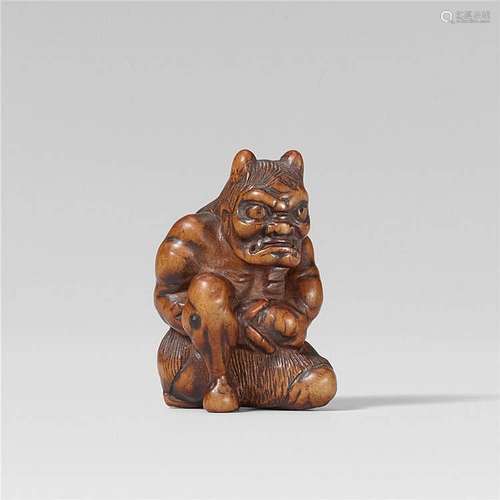 A boxwood netsuke of an oni burning moxa, by Tôzan. First half 19th century