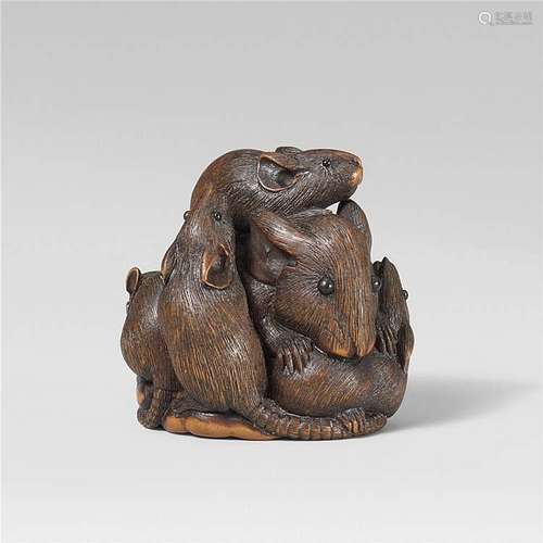 A fine wood netsuke of a cluster of five rats. Mid-19th century