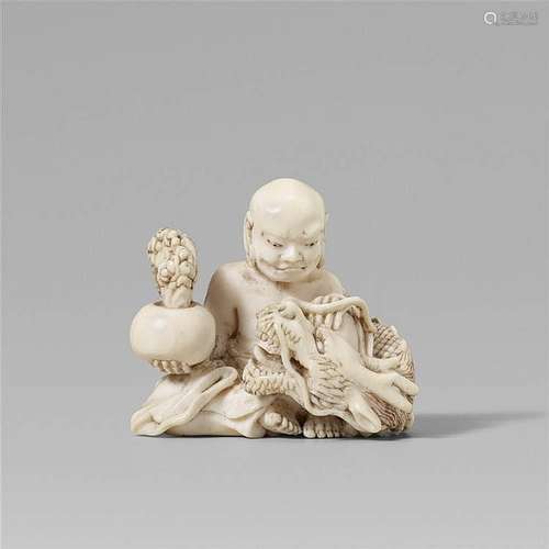 An ivory netsuke of rakan Handaka Sonja, by Kyokumin. Mid-19th century