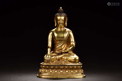 GILT BRONZE SHAKYAMUNI SEATED FIGURE