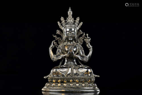 GILT BRONZE CAST FOUR-ARM BODHISATTVA SEATED FIGURE