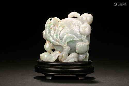 JADEITE CARVED 'PEACHES' FIGURE WITH STAND