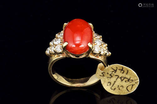 14K YELLOW GOLD CORAL RING WITH DIAMONDS