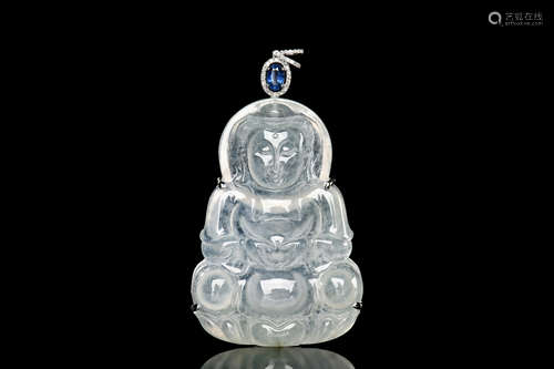 18K WG ICY JADEITE CARVED 'BUDDHA' ORNAMENT WITH SAPPHIRE AND CERTIFICATE