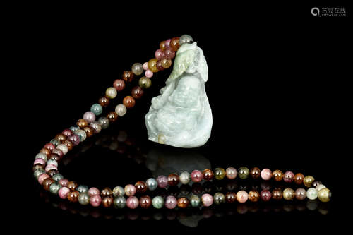 ICY JADEITE CARVED BUDDHA PENDANT WITH TOURMALINE NECKLACE