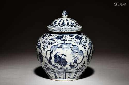 BLUE AND WHITE OPEN MEDALLION JARDINIERE WITH COVER