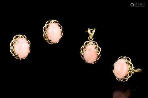 PINK CORAL EARRING AND MATCHING RING AND PENDANT