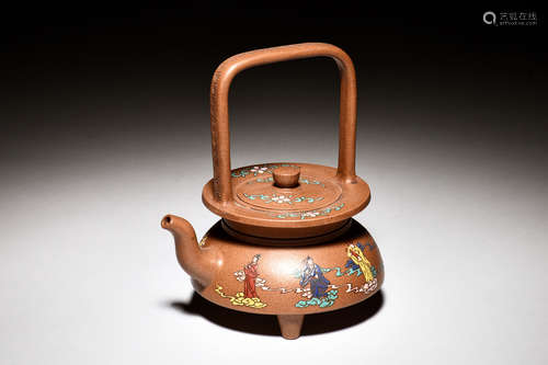 YIXING ZISHA PAINTED 'EIGHT IMMORTALS' TRIPOD TEAPOT