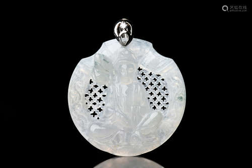 ICY JADEITE GUANYIN AND DIAMOND 18K YG PENDANT WITH GIA CERTIFICATE