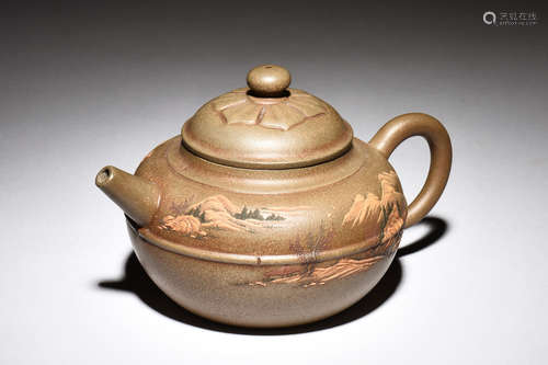 YIXING ZISHA 'LANDSCAPE SCENERY & CALLIGRAPHY' TEAPOT