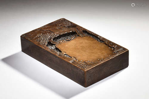 RECTANGULAR 'LANDSCAPE AND CALLIGRAPHY' INK STONE