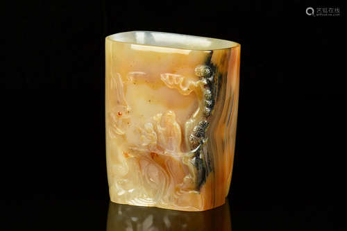 AGATE CARVED BRUSH POT