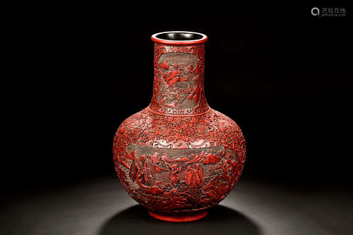 CINNABAR LACQUER CARVED OPEN MEDALLION VASE