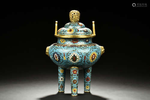 CLOISONNE ENAMELED 'FLOWERS' TRIPOD CENSER WITH LID