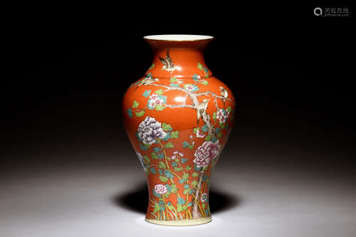 FAMILLE ROSE AND RED GROUND 'FLOWERS' VASE