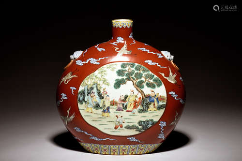 FAMILLE ROSE AND RED GROUND 'IMMORTALS' MOON FLASK