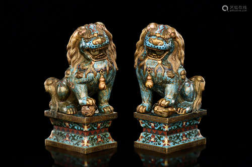 PAIR OF CLOISONNE ENAMELED 'MYTHICAL LIONS' FIGURES