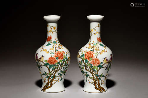 PAIR OF FAMILLE ROSE 'FLOWERS AND BIRDS' VASES