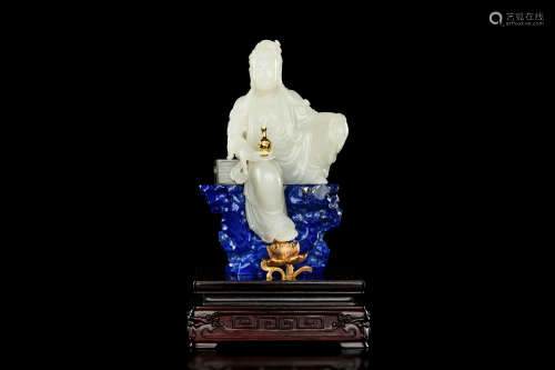 JADE CARVED GUANYIN FIGURE WITH LAPIS LAZULI AND WOODEN STAND