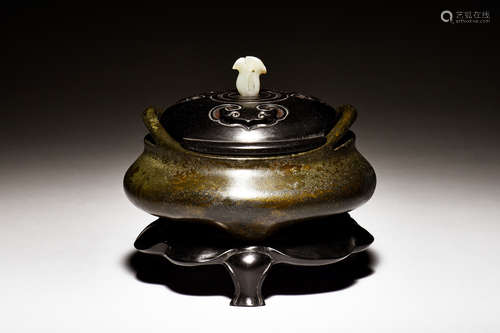 BRONZE CAST TRIPOD CENSER WITH WOODEN LID AND STAND