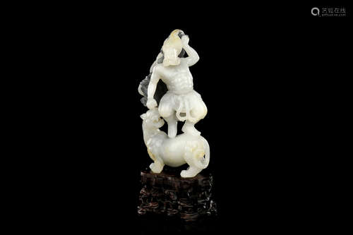 JADE CARVED 'ZHOU CHU' FIGURE WITH STAND