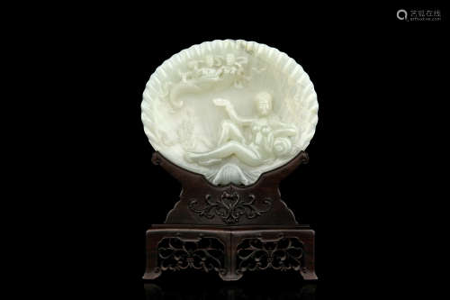 JADE CARVED 'DAUGHTERS OF THE SEA' FIGURE WITH STAND