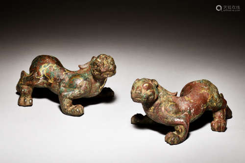 PAIR OF SILVER AND GILT INLAID BRONZE CAST 'MYTHICAL BEAST' FIGURES