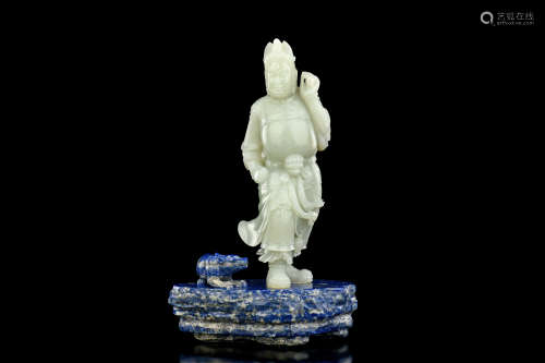 JADE CARVED 'ERLANG SHEN' FIGURE WITH LAPIS LAZULI STAND