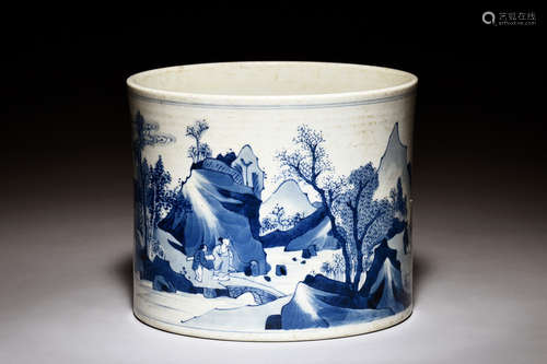 BLUE AND WHITE 'LANDSCAPE SCENERY' BRUSH POT