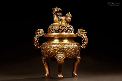 GILT BRONZE CAST TRIPOD CENSER MOUNTED WITH MYTHICAL BEASTS