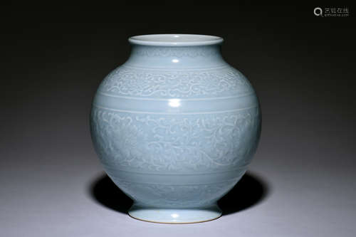 SKY BLUE GLAZED AND CARVED FLOWERS JAR