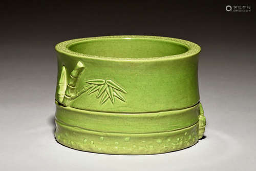 GREEN GLAZED 'BAMBOO' BRUSH POT