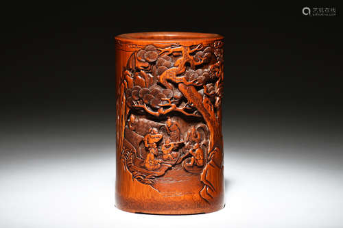 BAMBOO CARVED 'SEVEN GENTLEMEN' BRUSH POT