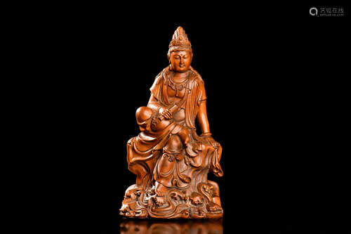 WOOD CARVED GUANYIN FIGURE