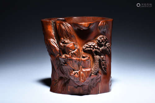 CARVED HUANGYANGMU WOOD BRUSH POT