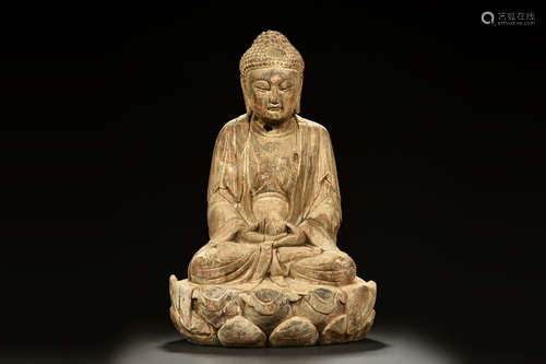 LARGE WOOD CARVED SHAKYAMUNI BUDDHA