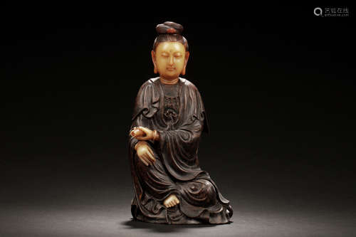 HARDWOOD AND SHOUSHAN SOAPSTONE GUANYIN CARVING