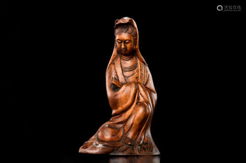 WOOD CARVED GUANYIN SEATED FIGURE