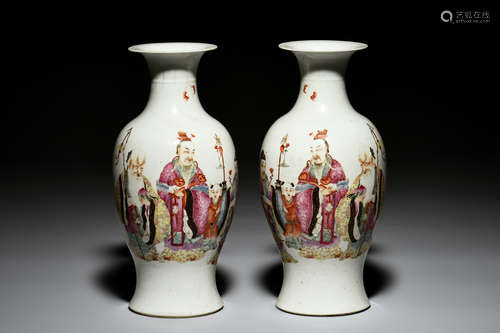 PAIR OF FAMILLE ROSE 'FU LU SHOU' VASES