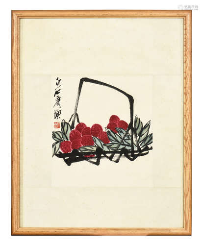 QI BAISHI: FRAMED INK AND COLOR ON PAPER PAINTING 'LIZHI'