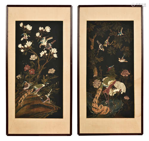 TWO FRAMED INK AND COLOR ON PAPER PAINTINGS 'FLOWERS AND BIRDS'