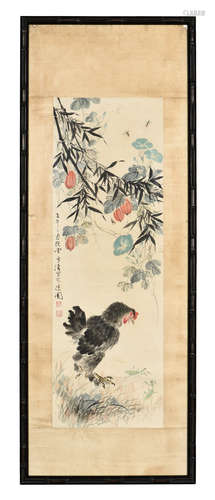 WANG XUETAO: FRAMED INK AND COLOR ON PAPER PAINTING 'ROOSTER'